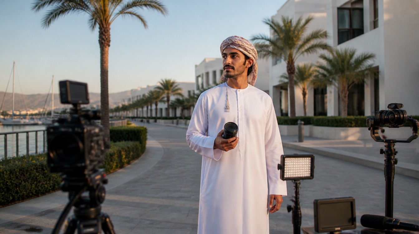 Omani filmmaker in Muscat surrounded by professional production equipment